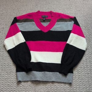 Striped V-Neck Sweater in Pink, Black, and Gray